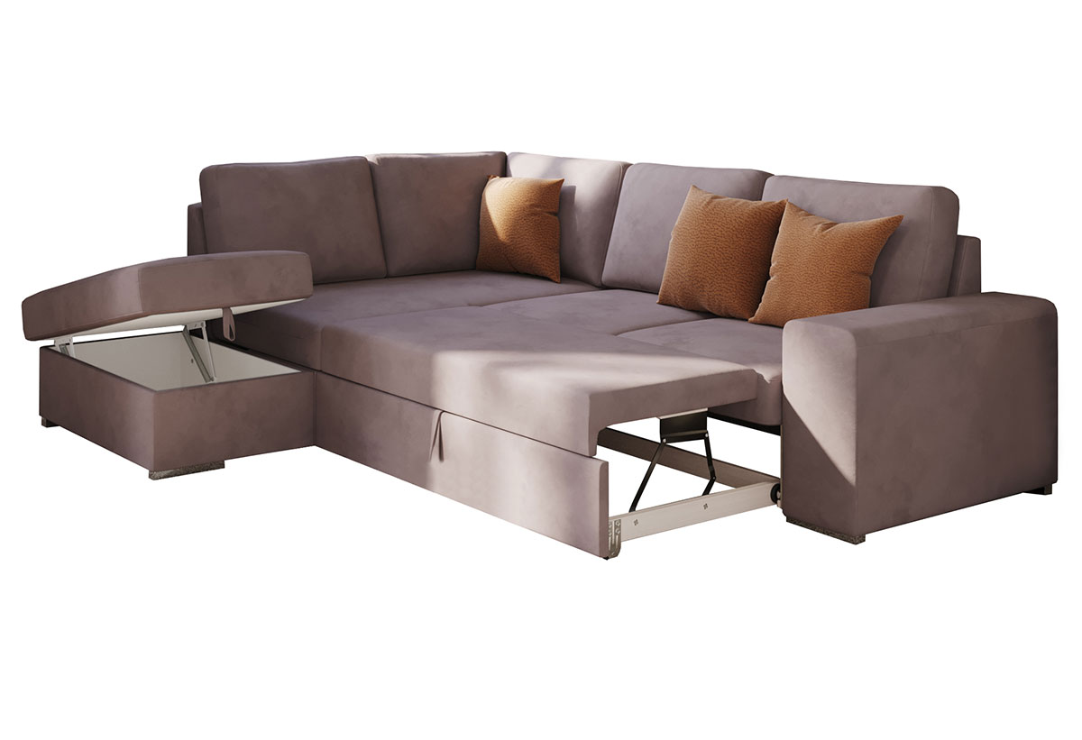 Ο γωνιακός καναπές στη μορφή του κρεβατιού και του αποθηκευτικού χώρου.